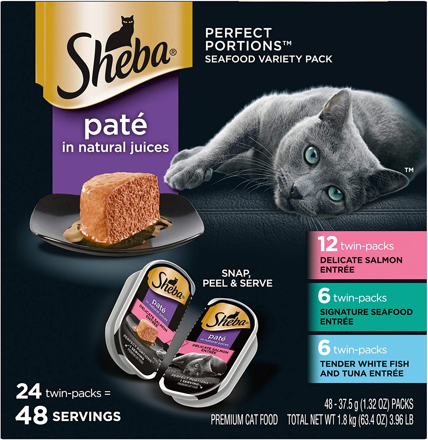 SHEBA PERFECT PORTIONS Paté Adult Wet Cat Food Trays (24 Count, 48 Servings), Signature Seafood Entrée, Easy Peel Twin-Pack Trays - Basketryplace