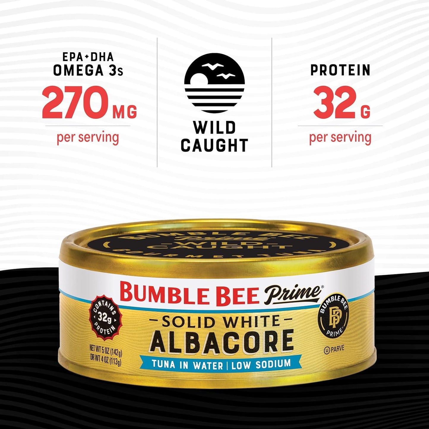 Bumble Bee Prime Solid White Albacore Tuna Low Sodium in Water, 5 oz Cans (Pack of 12) - Premium Wild Caught Tuna - 32g Protein per Serving - Non-GMO Project Verified, Gluten Free, Kosher - https://www.basketryplace.shop/